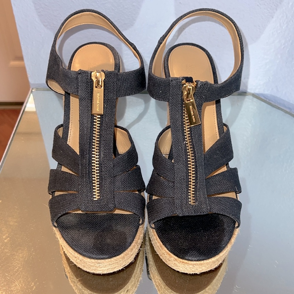 Authentic Michael Kors Navy Blue espadrille wedges with gold tone hardware
